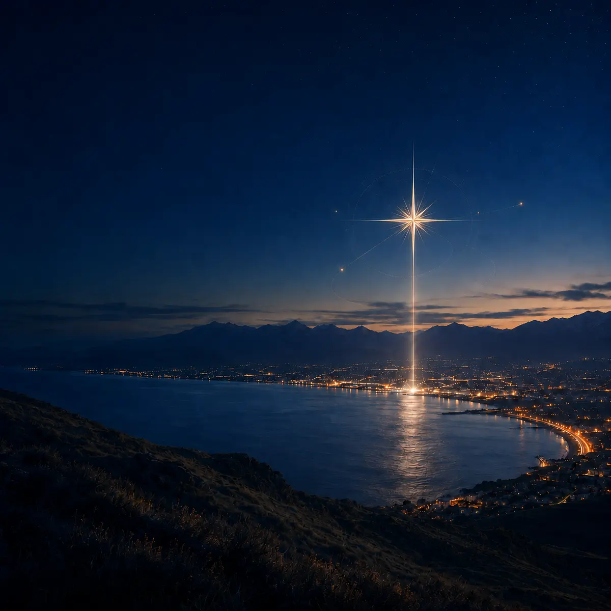 A glowing Cygnal signal above the Sea Point coastline at dusk
